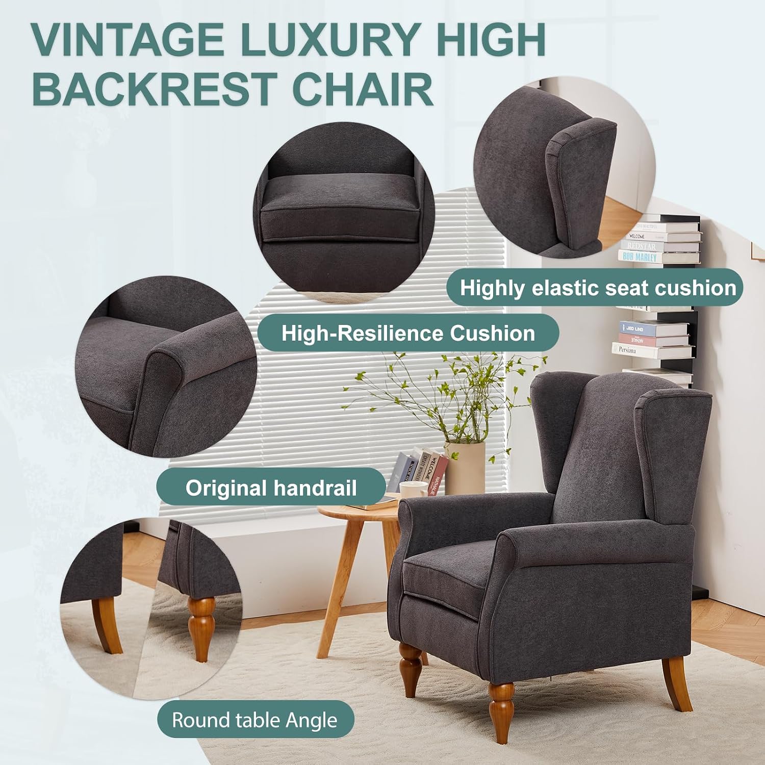 Mid-Century High Wingback Chair,Modern Fabric Accent Chair Armchair with Solid Wood Coffee Table Set,Leisure Single Sofa Chair for Living Room,Club,Home Reception,Antique Dark Grey