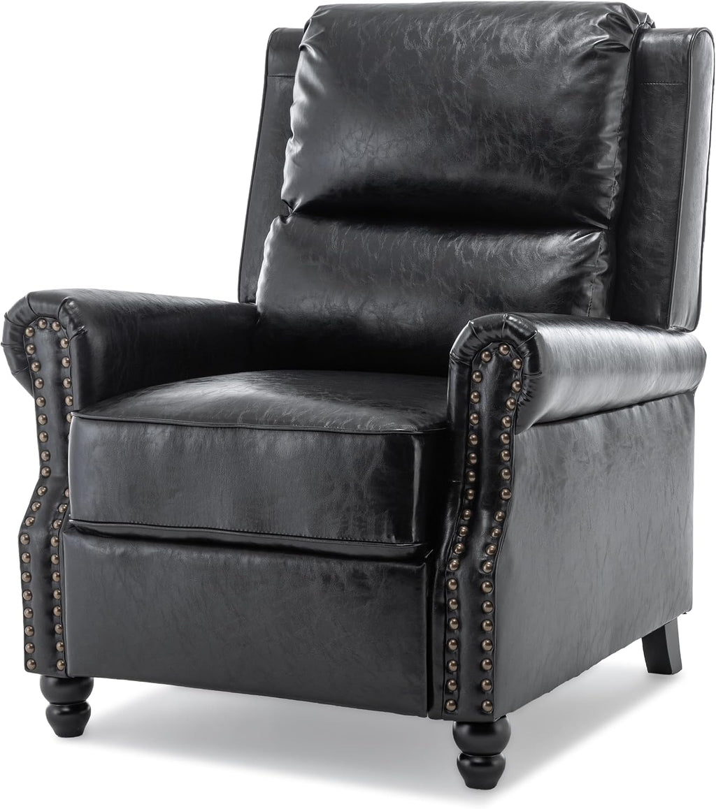 Pushback Recliner Chair, Faux Leather Wingback Recliner Chair, Upholstered Armchair Push Back Recliner with Wood Legs, Rivet Trim Single Sofa Accent Chair for Living Room, Bedroom, Black