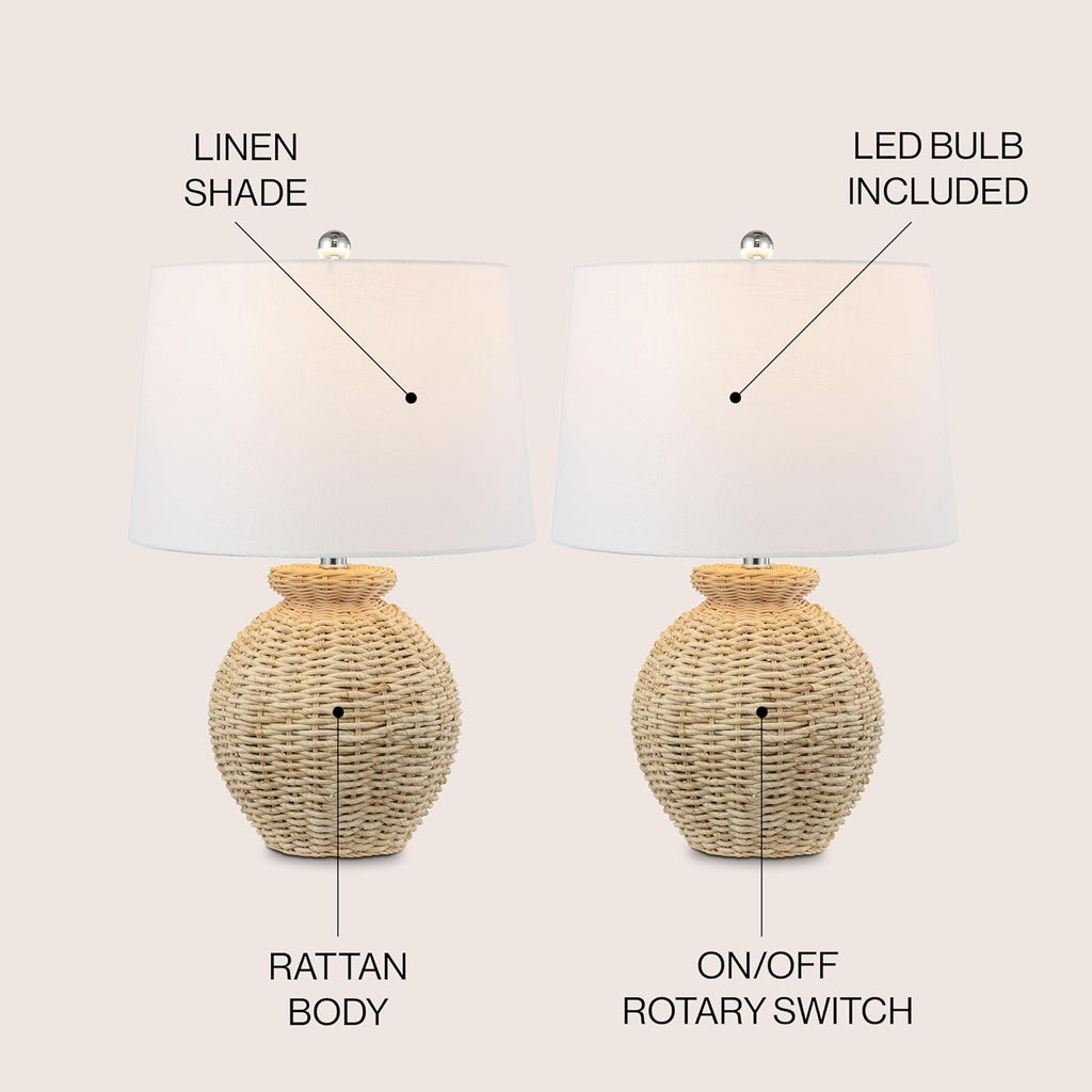 JONATHAN Y 22' Brown Rattan Rustic Coastal Table Lamp Set of 2, Woven Wicker Globe Base with White Linen Shade for Living Room Bedroom, UL Listed, LED Bulbs Included JYL4050A-SET2