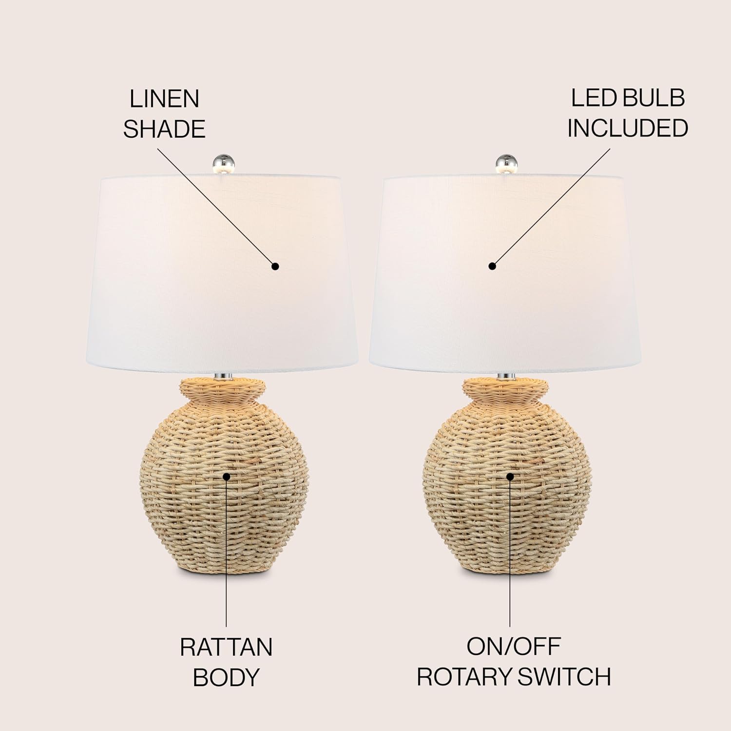 JONATHAN Y 22' Brown Rattan Rustic Coastal Table Lamp Set of 2, Woven Wicker Globe Base with White Linen Shade for Living Room Bedroom, UL Listed, LED Bulbs Included JYL4050A-SET2