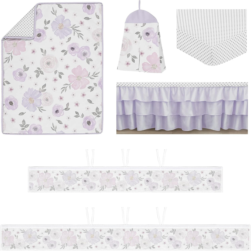 Sweet Jojo Designs Lavender Purple Boho Floral Girl Baby Crib Bedding Set Infant Nursery BreathableBaby Breathable Mesh Crib Liner Blanket Sheet Skirt 6 PC Bohemian Shabby Chic Watercolor Flower Gray