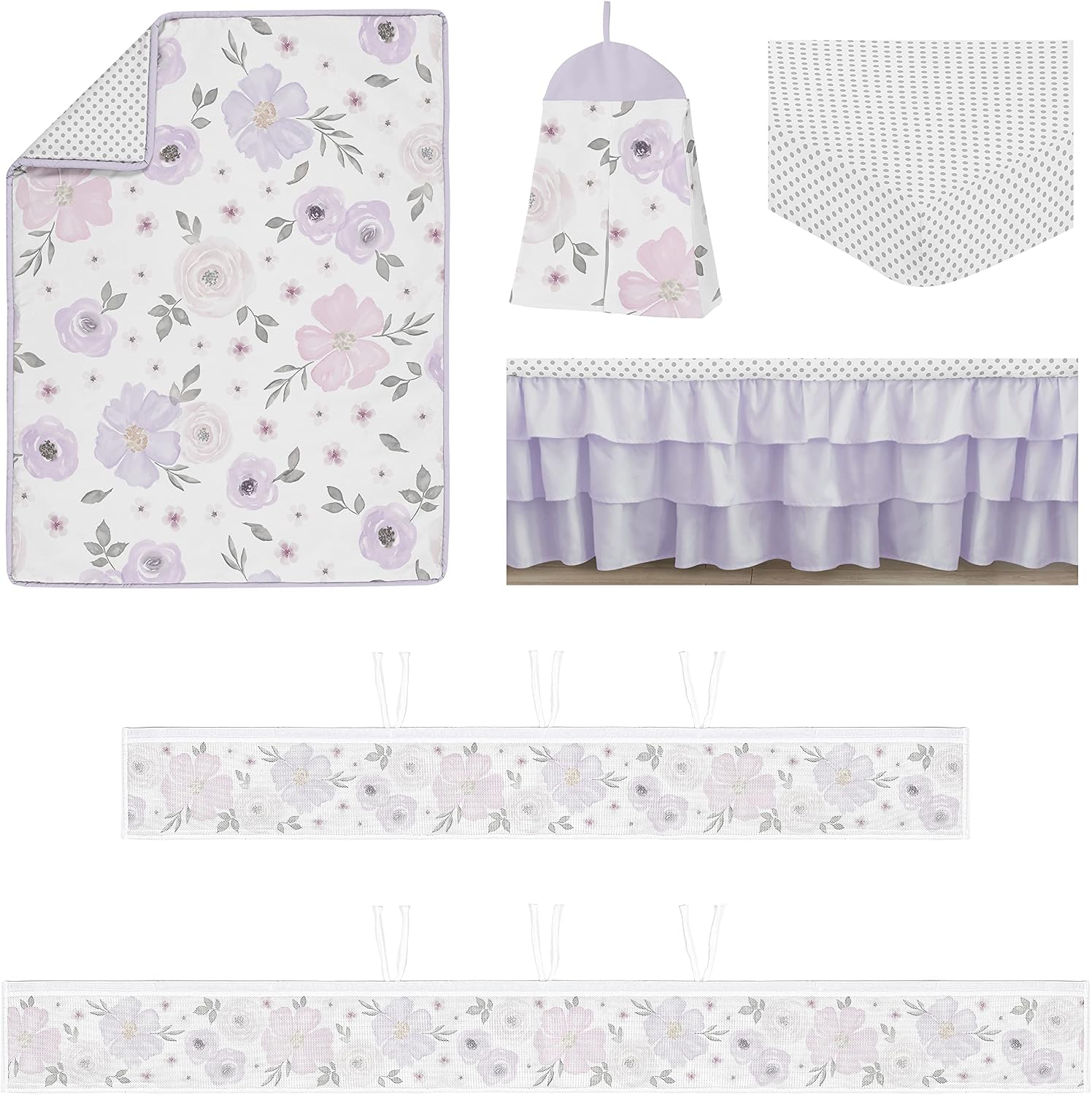 Sweet Jojo Designs Lavender Purple Boho Floral Girl Baby Crib Bedding Set Infant Nursery BreathableBaby Breathable Mesh Crib Liner Blanket Sheet Skirt 6 PC Bohemian Shabby Chic Watercolor Flower Gray