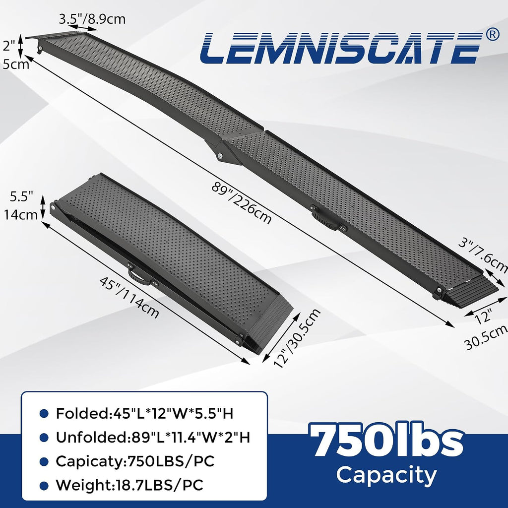LEMNISCATE Motorcycle Ramps, 89'x12' Portable Loading Ramps for Pickup Trucks 750 LBS Capacity 7.5FT Aluminum Folding Ramps with Handle & Buckle for ATVs, Lawn Mowers, UTVs, Bike, 1PCS, Black
