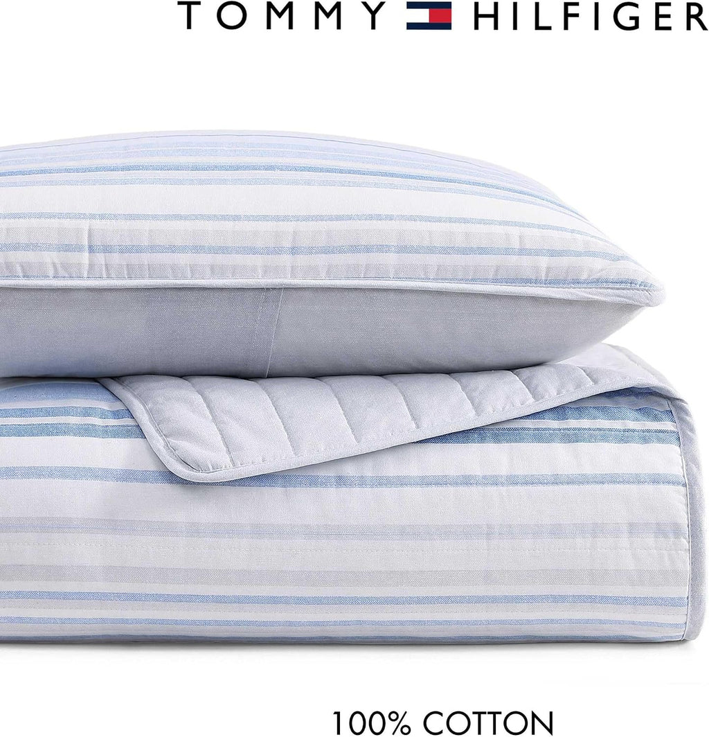 Tommy Hilfiger - King Quilt Set, Cotton Textured Bedding with Matching Shams, Medium Weight Bed Set, European Closure, Oeko-TEX Certified (Bold Stripe Blue)