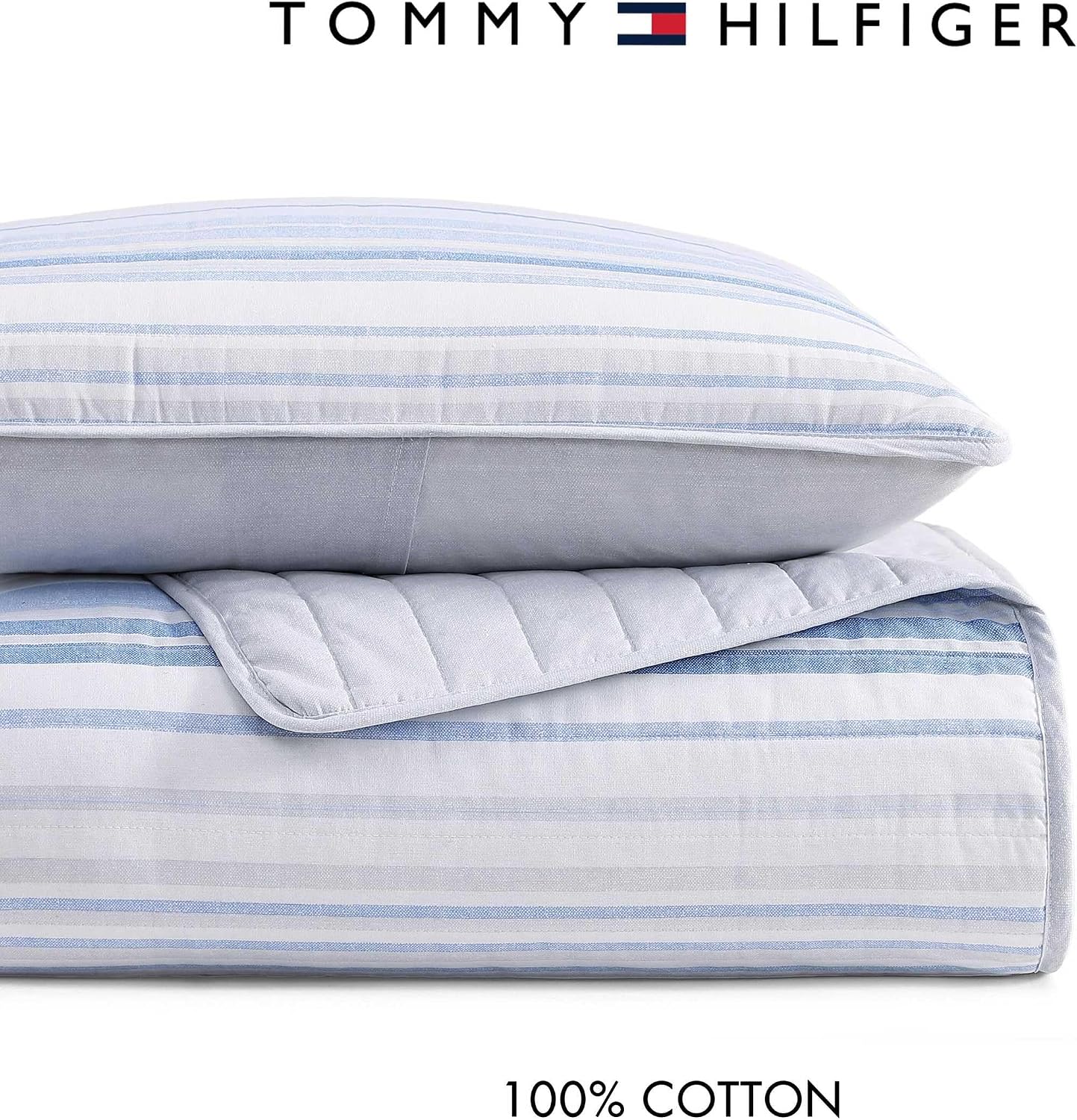 Tommy Hilfiger - King Quilt Set, Cotton Textured Bedding with Matching Shams, Medium Weight Bed Set, European Closure, Oeko-TEX Certified (Bold Stripe Blue)