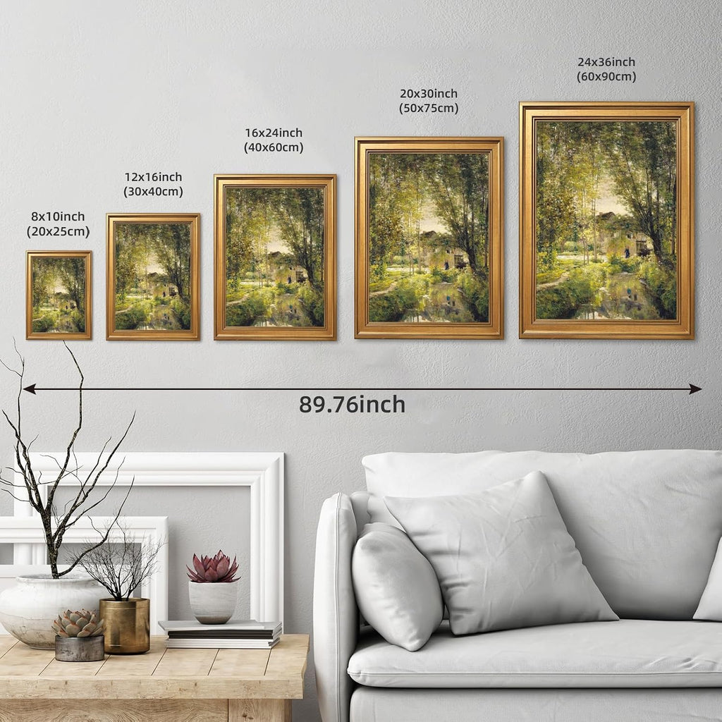 Gold Framed Vintage Wall Art Decor River Landscape Canvas Print Cottage Painting Rural Farmhouse Decor Tranquil Nature Scenery Picture Poster for Living Room Bedroom Office 24X36inch