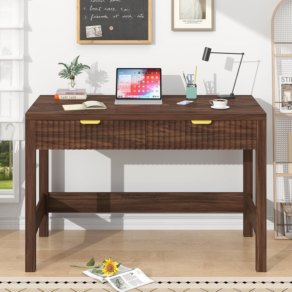 YOMILUVE Fluted Computer Desk with 2 Drawers, 39 Inch Small Computer Desk with Storage, Compact Writing Study Desk for Small Spaces, Walnut