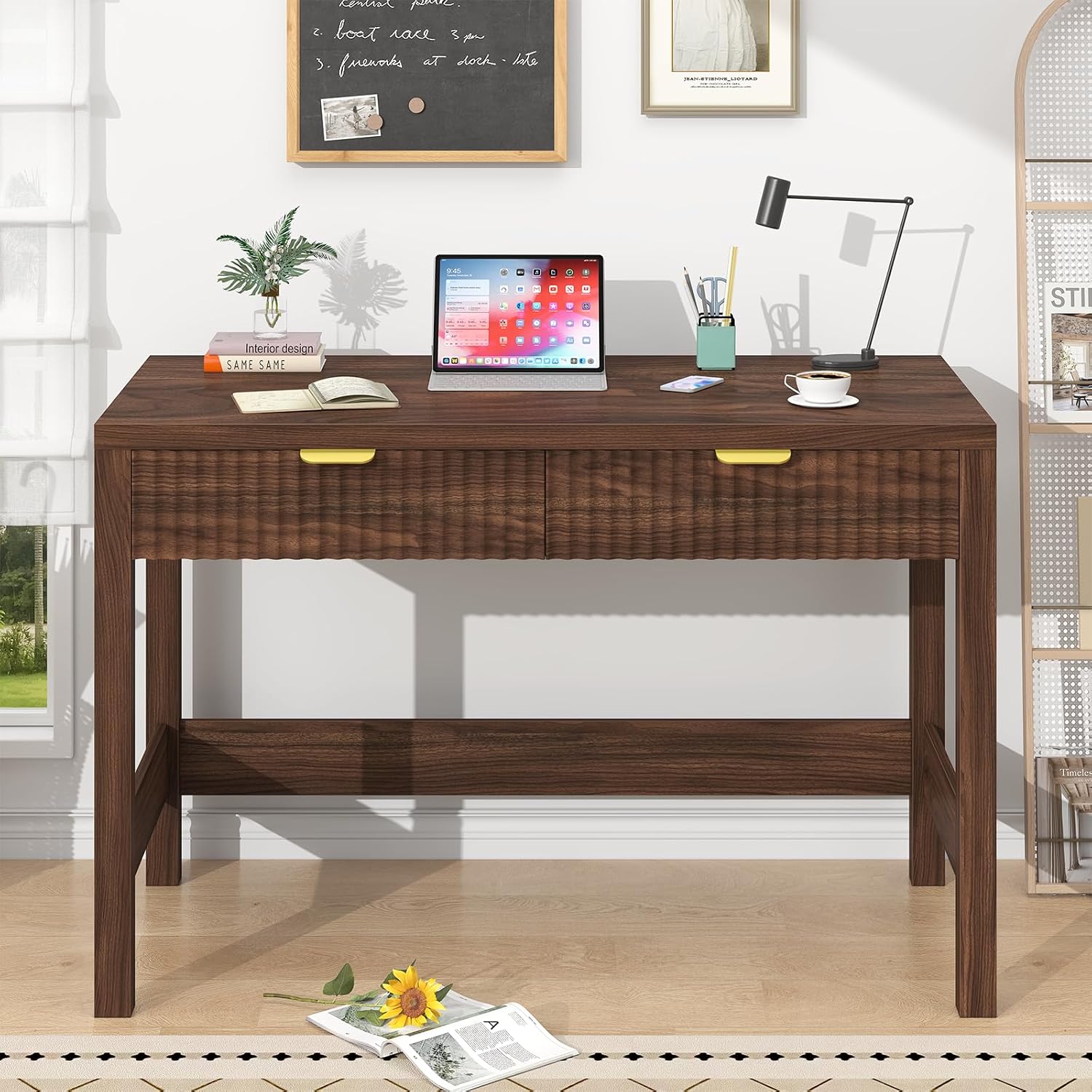 YOMILUVE Fluted Computer Desk with 2 Drawers, 39 Inch Small Computer Desk with Storage, Compact Writing Study Desk for Small Spaces, Walnut