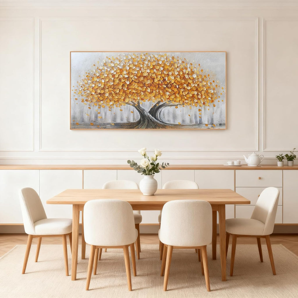 Gold Tree of Life Canvas Wall Art, Modern Abstract Textured Painting, Large Framed Panoramic Landscape Artwork for Living Room, Bedroom, Office, Home Decor 48'x24'