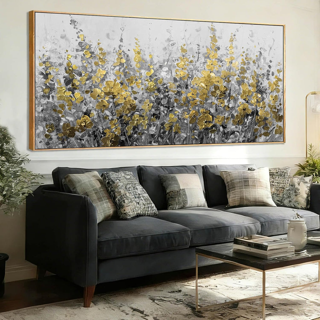 WINKAILIN Black Gold Wall Art Abstract Oil Flower Canvas Grey Painting Modern 32x70 Plant Artwork with Frame for Living Room Office Decoration