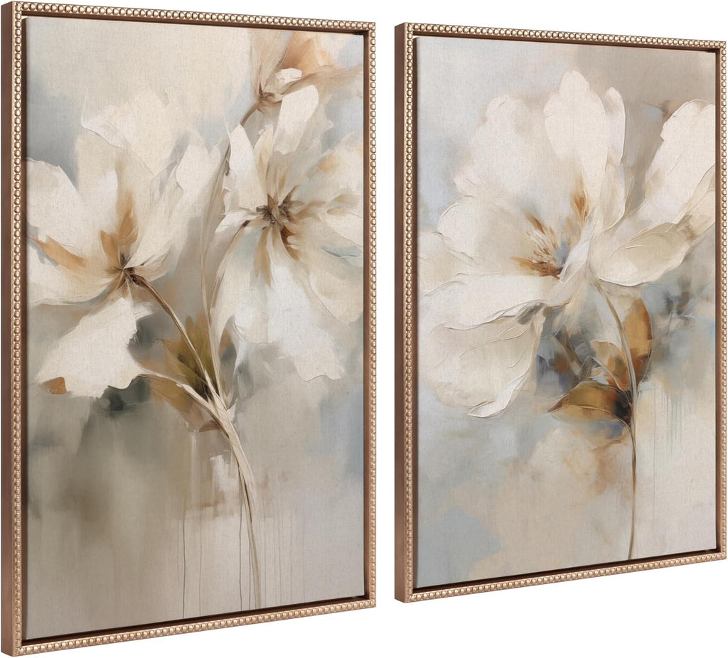 Kate and Laurel Sylvie Beaded Abstract Botanical Floral Linen Painting 1 and 2 Vintage Framed Canvas Wall Art Set by The Creative Bunch Studio, 2 Piece Set 23x33 Gold, Simple Floral Art for Wall
