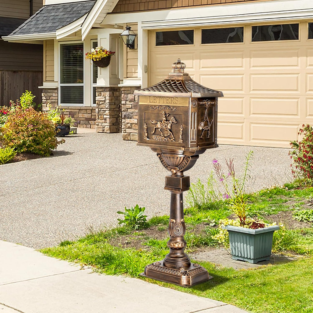 Cast Aluminum Mailbox with Post, Heavy Duty Postal Box with 2 Keys, Baffle Door, Expansion Bolts, Address Panel, In-Ground Large Security Mailbox for Outside, Antique Bronze