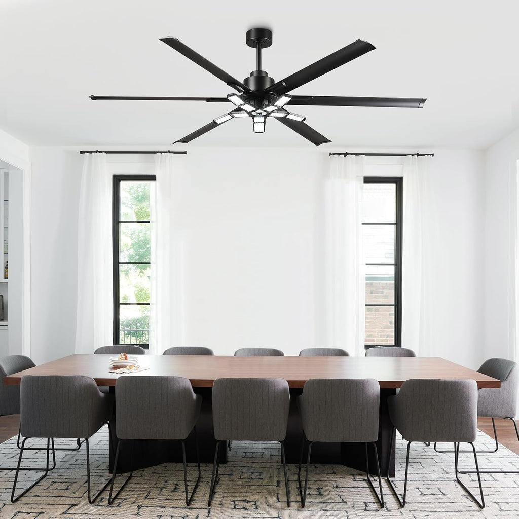 84 Inch Ceiling Fans with Lights and Remote, Industrial High CFM Ceiling Fans for Living Room Shop Garage, 6609LM Super Bright LED, 6 Aluminum Blades, Reversible Quiet DC Motor, Matte Black