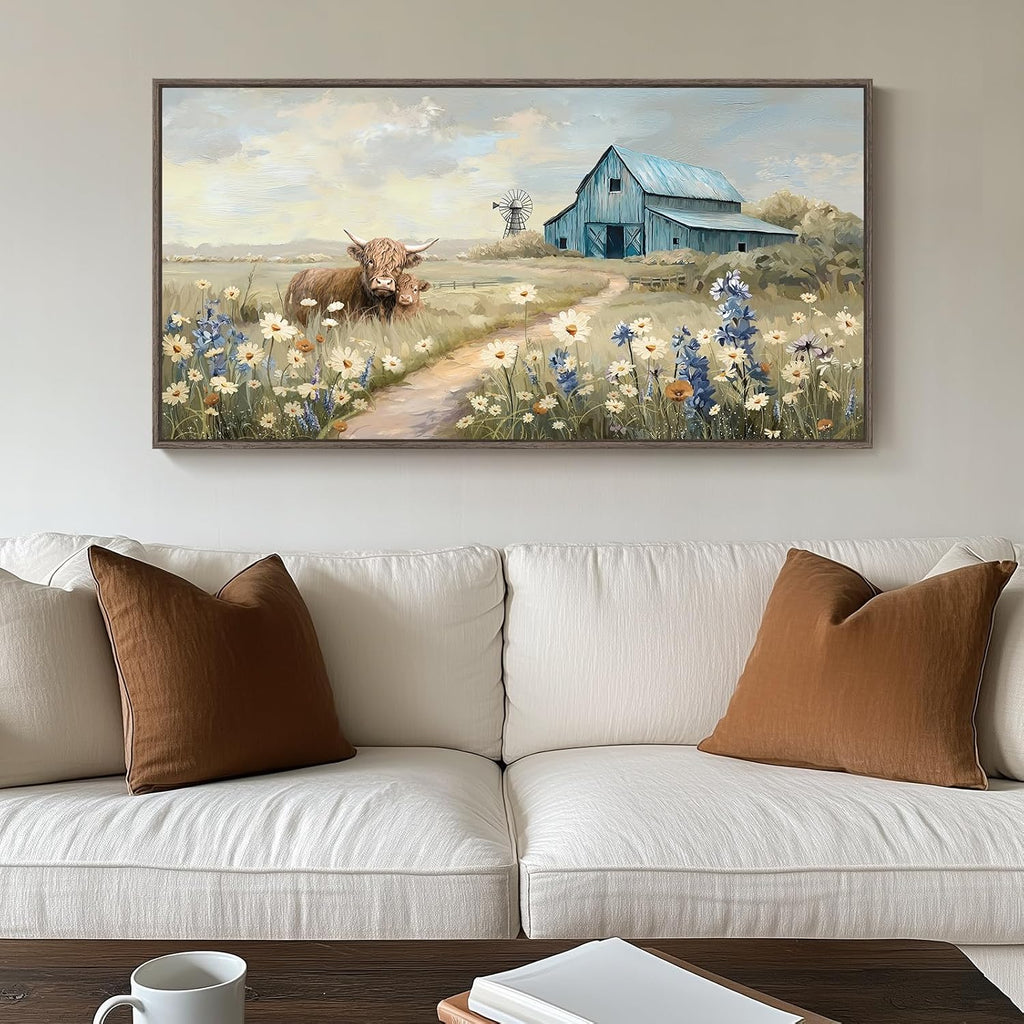 Extra Large Framed Farmhouse Style Wall Art - Vintage Rustic Canvas Art Print - Wildflower Highland Cow, Windmill & Teal Barn - Country Farm Painting for Living Room 30x60 Inch