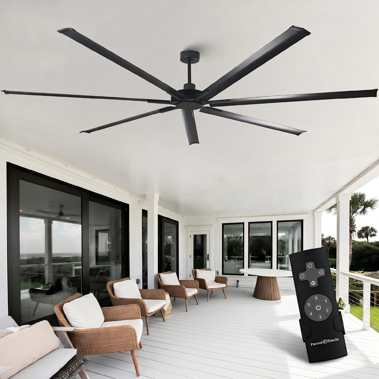 120 Inch Ceiling Fans Industrial Large Big Commercial Shop Fan with Remote Control, 6-Speed Reversible Outdoor Ceiling Fans for Patios Garage Warehouse Barn, 7 Aluminum Blade DC Motor High CFM, Black