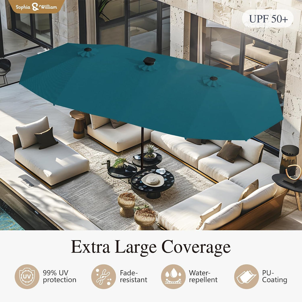 Sophia & William 13ft Outdoor Patio Umbrella with Solar Lights, Large Double-sided Umbrella with LED Lights, Perfect for Garden, Deck, Pool, Cyan Blue