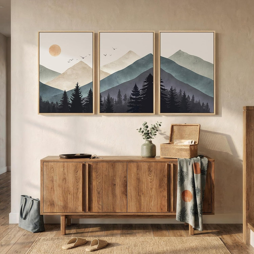 Framed Boho Abstract Neutral Landscape Wall Art for Living Room, Large 3 Piece Mountain Forest Canvas Artwork for Walls, Modern Minimalist Nature Pictures Bedroom Hallway Office Wall Decor, 20x30 Inch