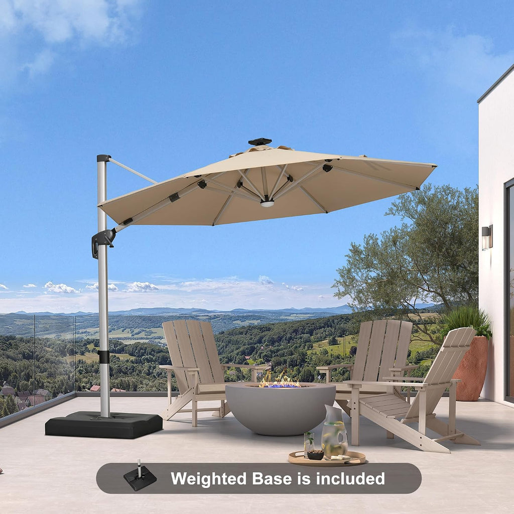 PURPLE LEAF Cantilever Umbrella with base 10ft Outdoor Round Patio Solar Powered LED Umbrella with 360-degree Rotation for Garden Deck Pool Patio, Beige