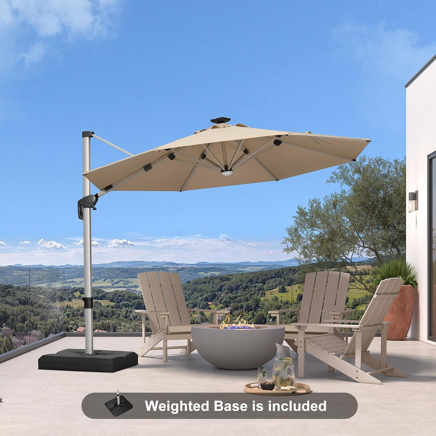 PURPLE LEAF Cantilever Umbrella with base 10ft Outdoor Round Patio Solar Powered LED Umbrella with 360-degree Rotation for Garden Deck Pool Patio, Beige
