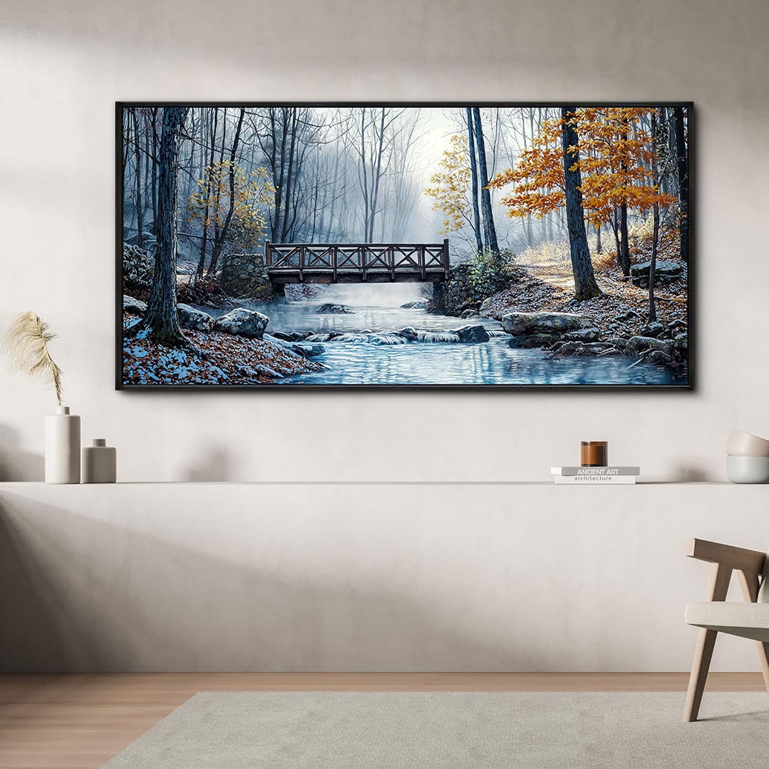 yiijeah Extra Large Living Room Wall Art - Modern Wall Decor for Bedroom Office Decor Mountain Forest Landscapes Village Bridge Painting Framed Canvas Prints Ready to Hang Pictures Home Decor