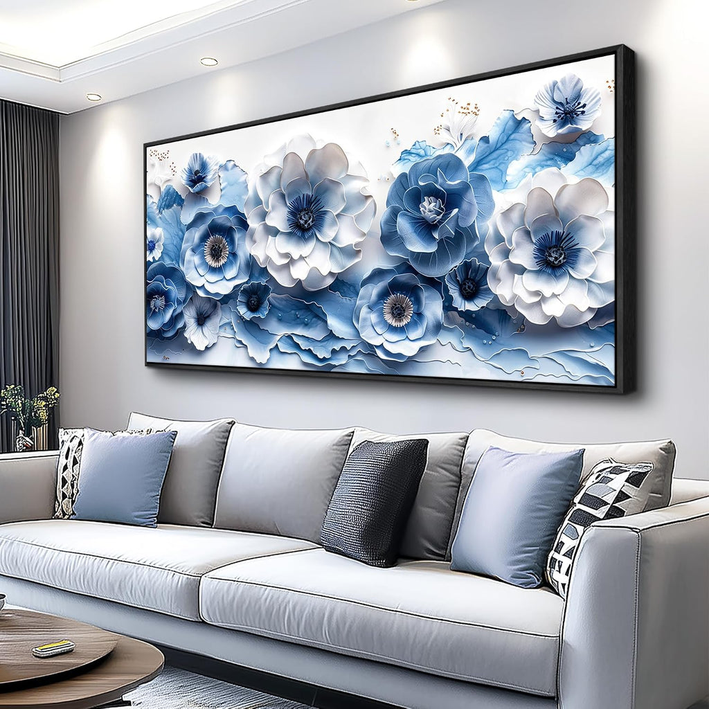 XIGUANGART Large Flower Prints Wall Art for Living Room Blue and White Paintings for Office Modern Black Framed Artwork Floral Pictures Wall Decoration for Bedroom Kitchen Women Aesthetic Home Decor