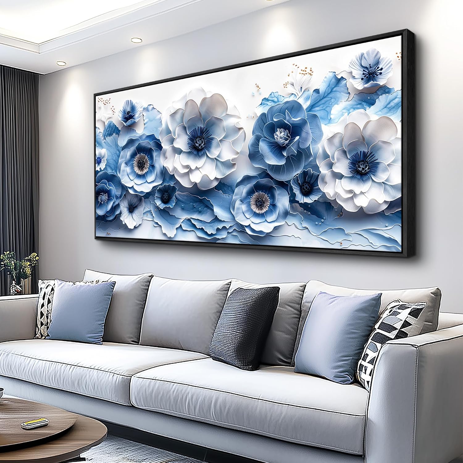 XIGUANGART Large Flower Prints Wall Art for Living Room Blue and White Paintings for Office Modern Black Framed Artwork Floral Pictures Wall Decoration for Bedroom Kitchen Women Aesthetic Home Decor