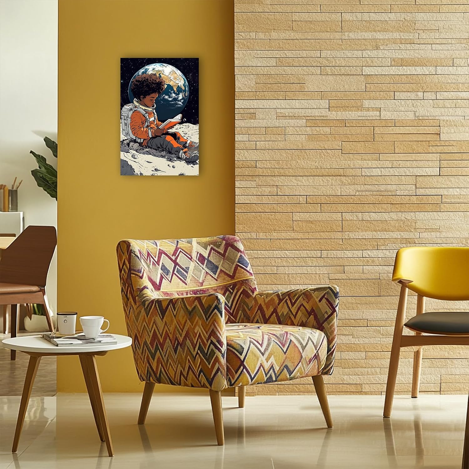 CHAOSETKEN African American Wall Art Astronaut Painting Black Boy Reading on the Moon Canvas Prints Space Themed Pictures for Office Decor Framed (28.00' x 42.00')