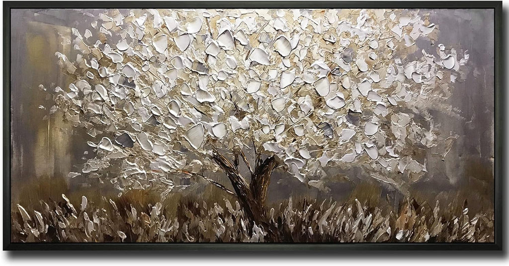 Boiee Art,24x48Inch Textured Hand Painted Silver Gray Wall Art Landscape Canvas Artwork 3D Abstract Money Tree Oil Paintings with Black Polystyrene Frame Modern Home Wall Decor Art