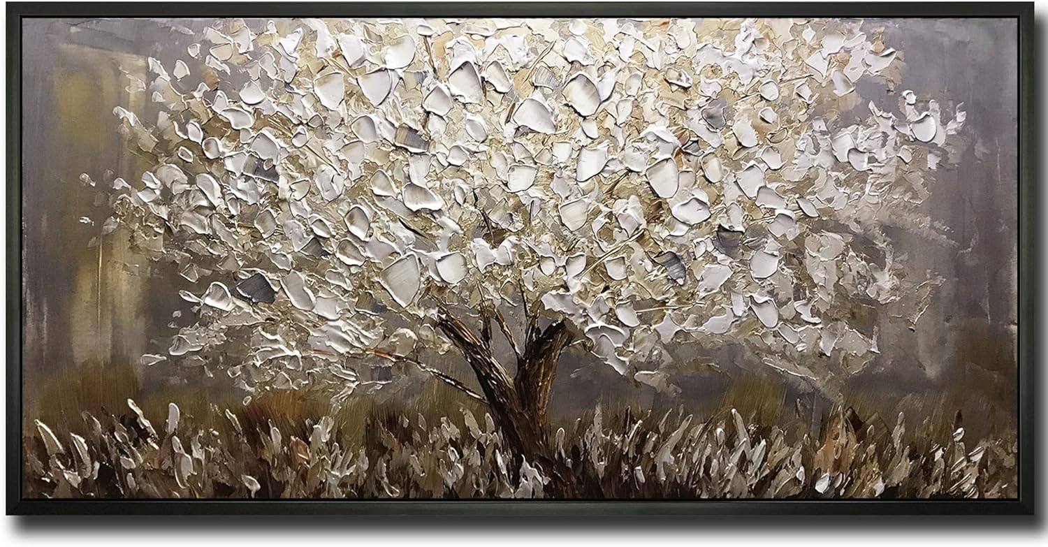 Boiee Art,24x48Inch Textured Hand Painted Silver Gray Wall Art Landscape Canvas Artwork 3D Abstract Money Tree Oil Paintings with Black Polystyrene Frame Modern Home Wall Decor Art