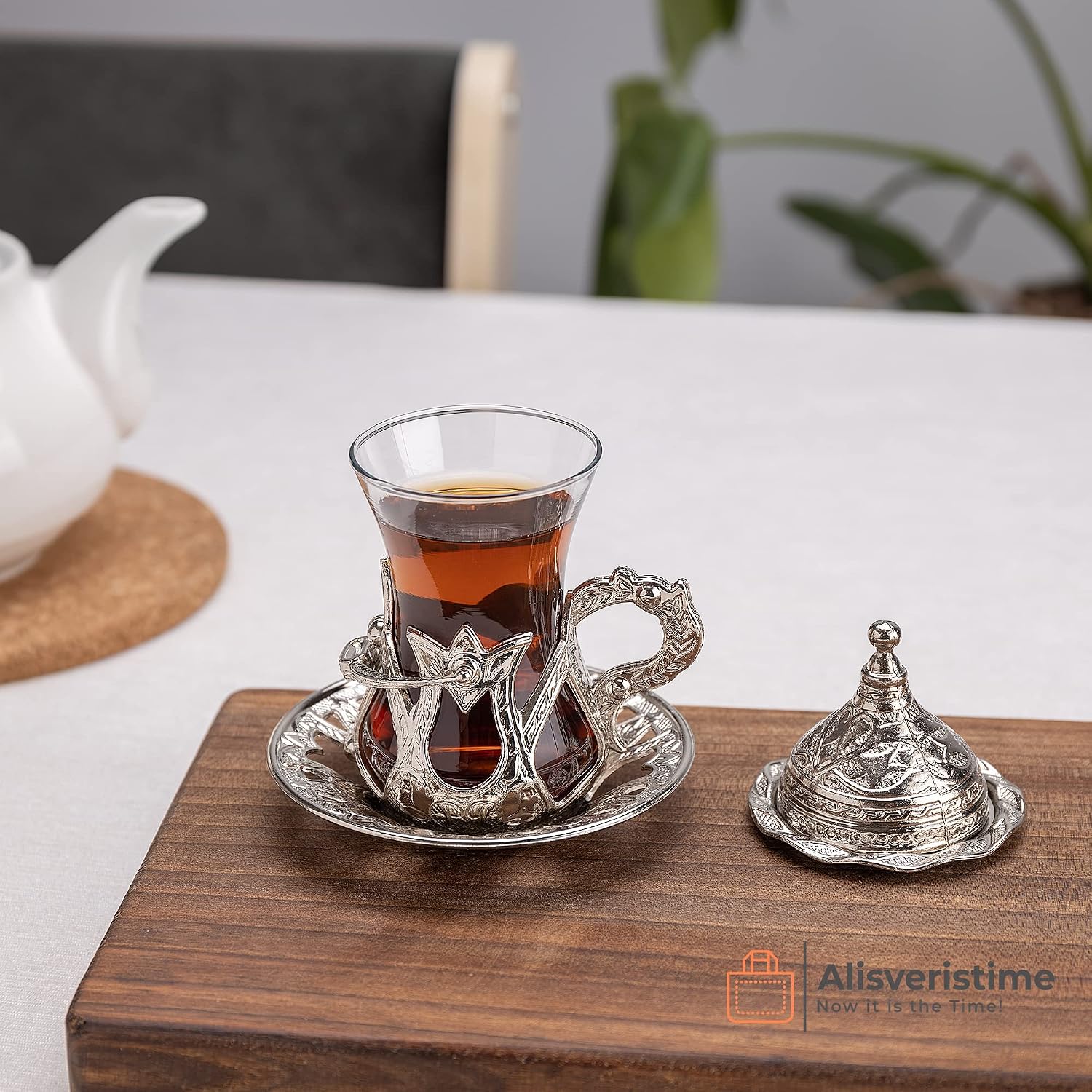 Alisveristime Handmade Turkish Tea Water Zamzam Serving Set Glasses Saucer, Tray and Spoon (Silver)