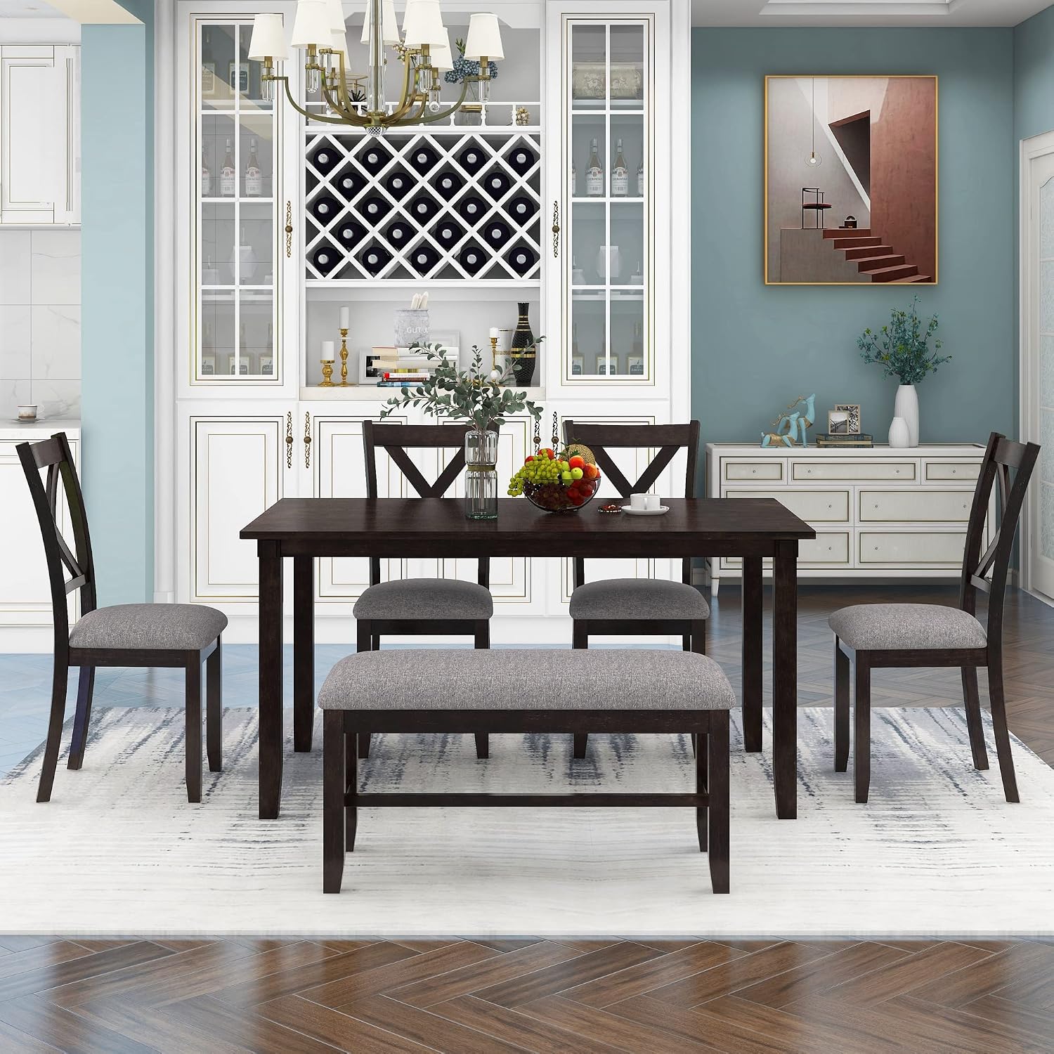 6-Piece Dining Room Table Set, Rustic Farmhouse Wood Dining Table Set with Rectangular Table 4 Upholstered Padded Chairs and 1 Padded Bench, Dining Set for Family of 4-6 People (Espresso)