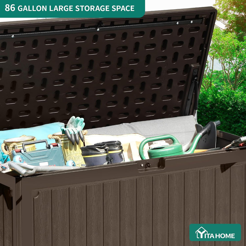 YITAHOME 90 Gallon Large Deck Box, Double-Wall Resin Outdoor Storage Boxes, Deck Storage for Patio Furniture, Cushions, Pool Float, Garden Tools, Lockable & Waterproof (Brown)