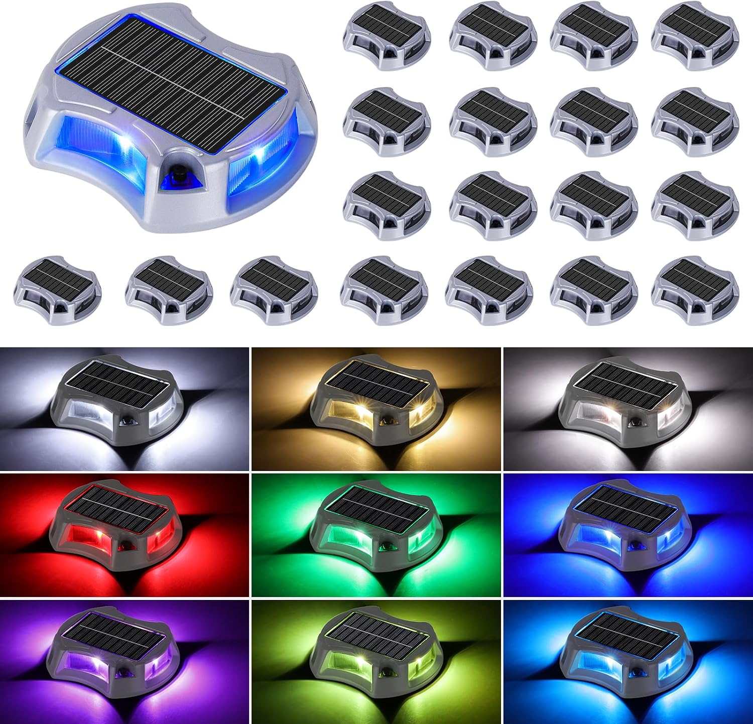 Bosceos Solar Driveway Lights Outdoor 20-Pack, Solar Deck Lights RGB Color Modes Dock Light Waterproof Driveway Markers Step Light for Sidewalk Stair Garden Pathway Walkway Yard