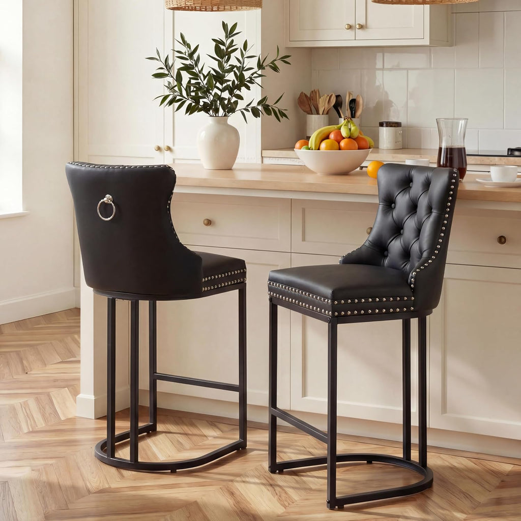 AQO 26 Inch Bar Stools Set of 2, Modern Counter Height Bar Stools with Backs, Upholstered Faux Leather Counter Stools for Kitchen Island, Black