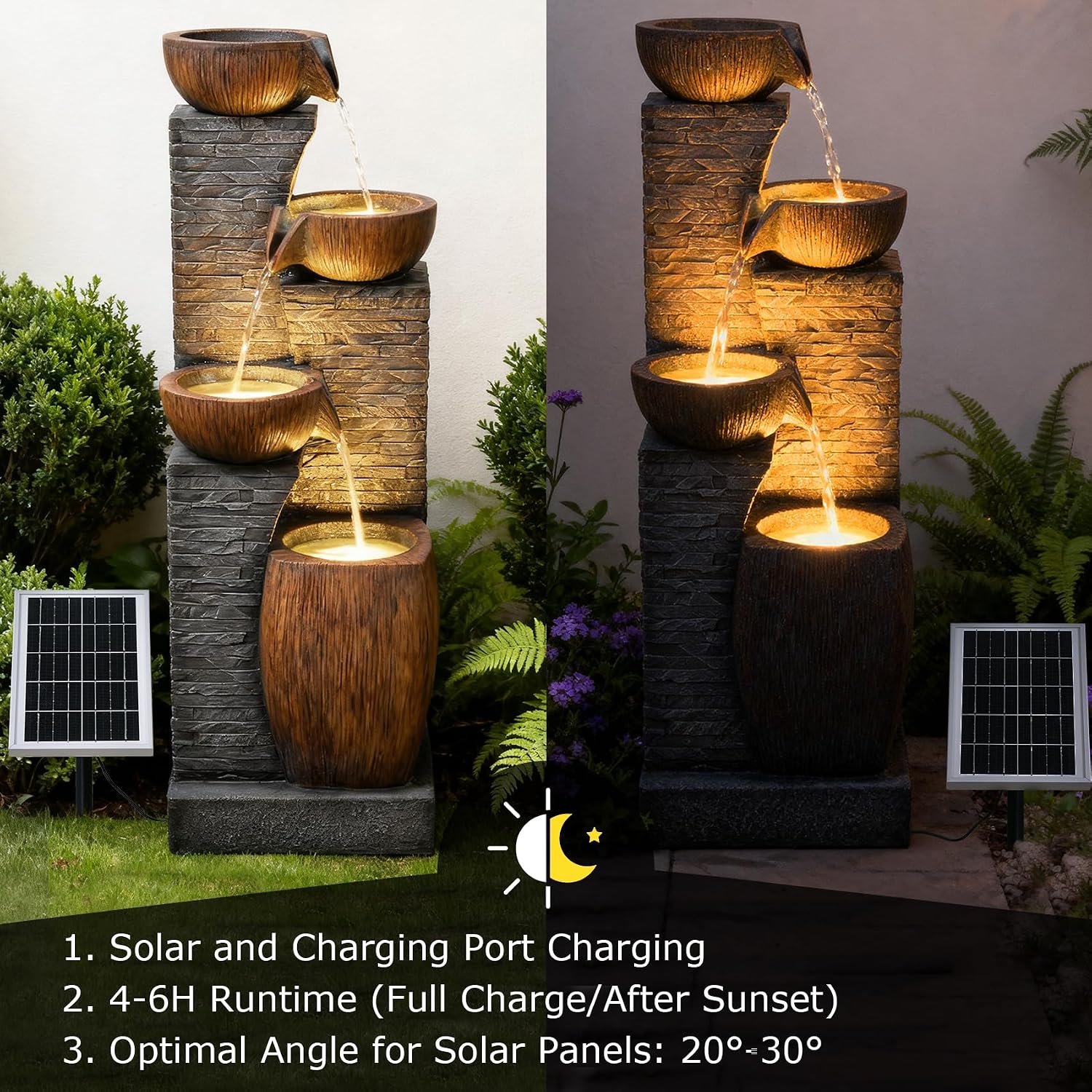 38.2' Tall Solar Water Fountain Outdoor Garden,4 Tiers Modern Cascading Bowls and Stacked Stones Solar Powered Fountains with LED Lights for Garden, Patio, Deck, Porch, Backyard, Lawns