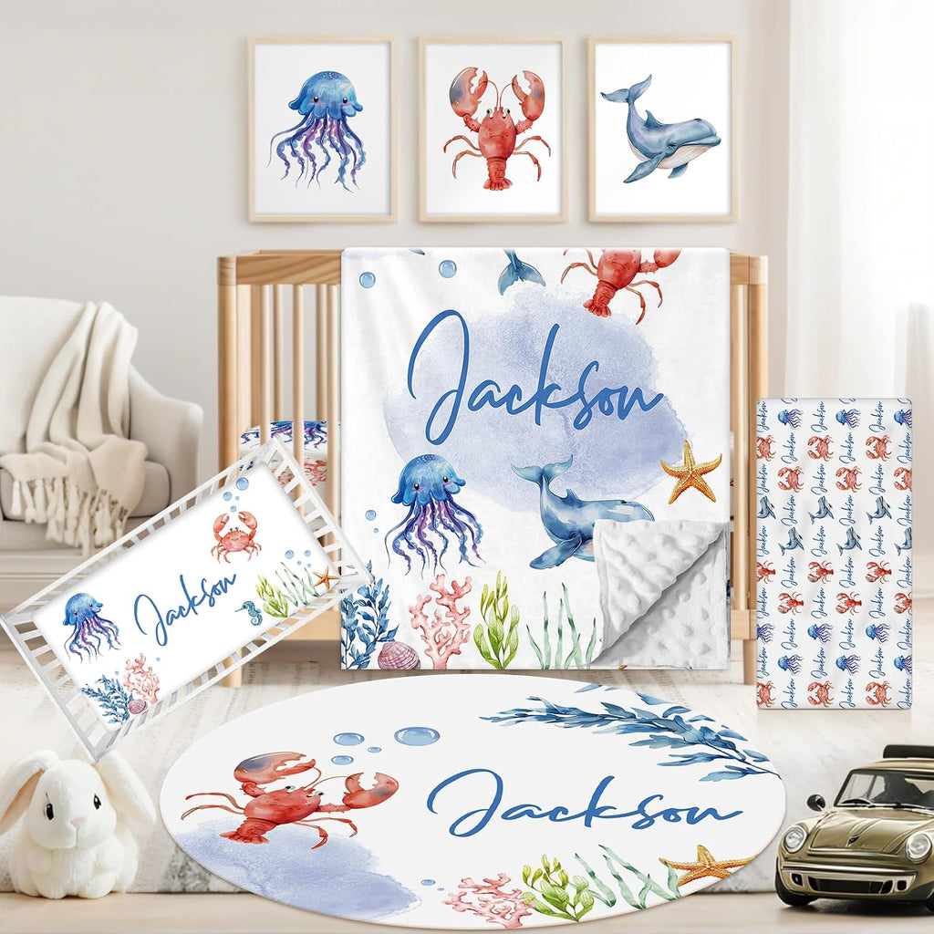 Personalized Baby Crib Bedding Set, 5 Pcs Custom Name Nursery Bedding Set for Girls Boys, Ocean Animals Baby Crib Set for Toddlers Infants, Double Layer Bedding Crib Sets Customized Gifts