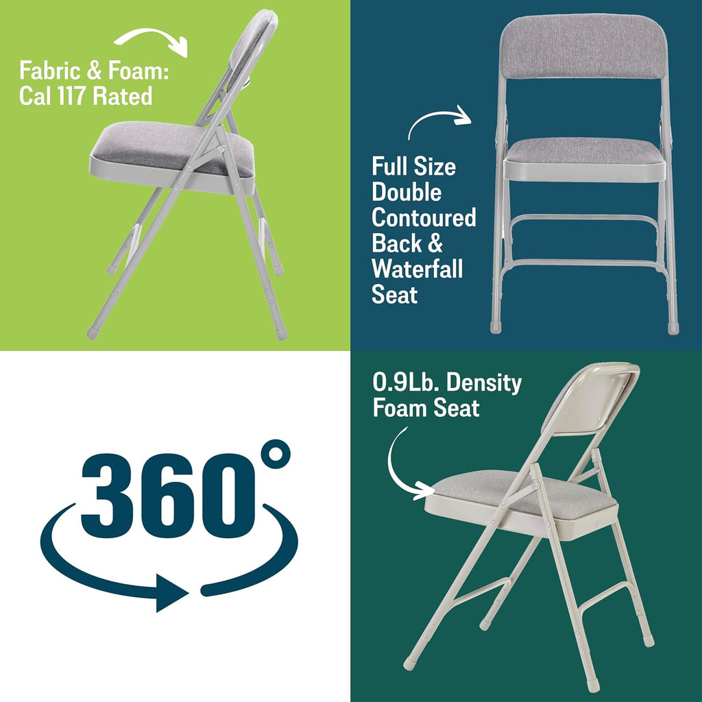 National Public Seating 2200 Series Steel Frame Upholstered Premium Fabric Seat and Back Folding Chair with Double Brace, 480 lbs Capacity, Model 2202 Graystone/Gray (Carton of 4)