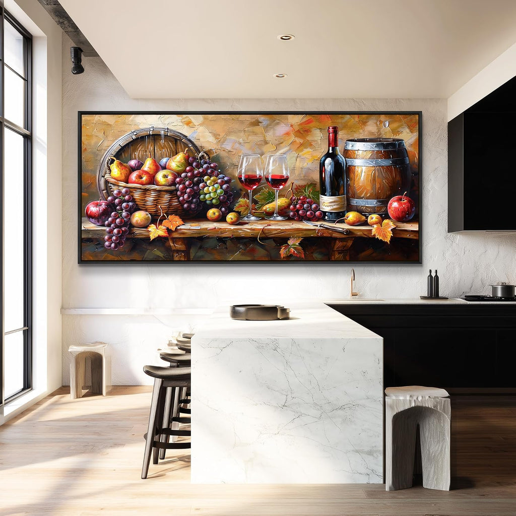 XIGUANGART Large Framed Wall Art for Kitchen, Vintage Food Wine Painting Prints, Rustic Wall Decor Fruit Harvest Pictures for Living Room Dining Room Pub Home Bar Farmhouse Decorations 32x72 In