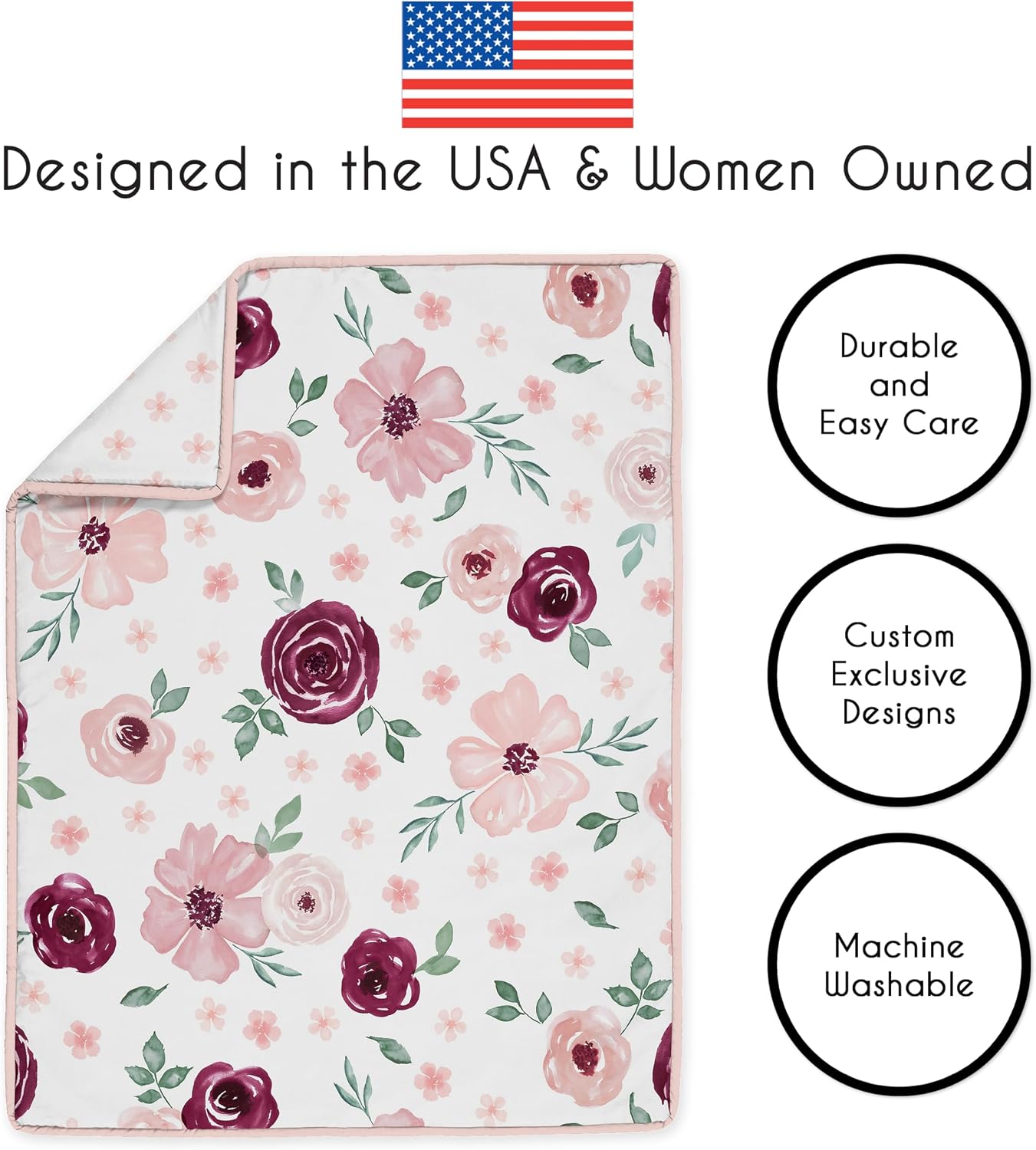 Sweet Jojo Designs 6-Piece Baby Crib Bedding Set (Burgundy Red Boho Floral) for Girls, Infants/Nursery incl. BreathableBaby Mesh Liner Blanket, Fitted Sheet, Skirt, Diaper Stacker (Pink, Shabby Chic)