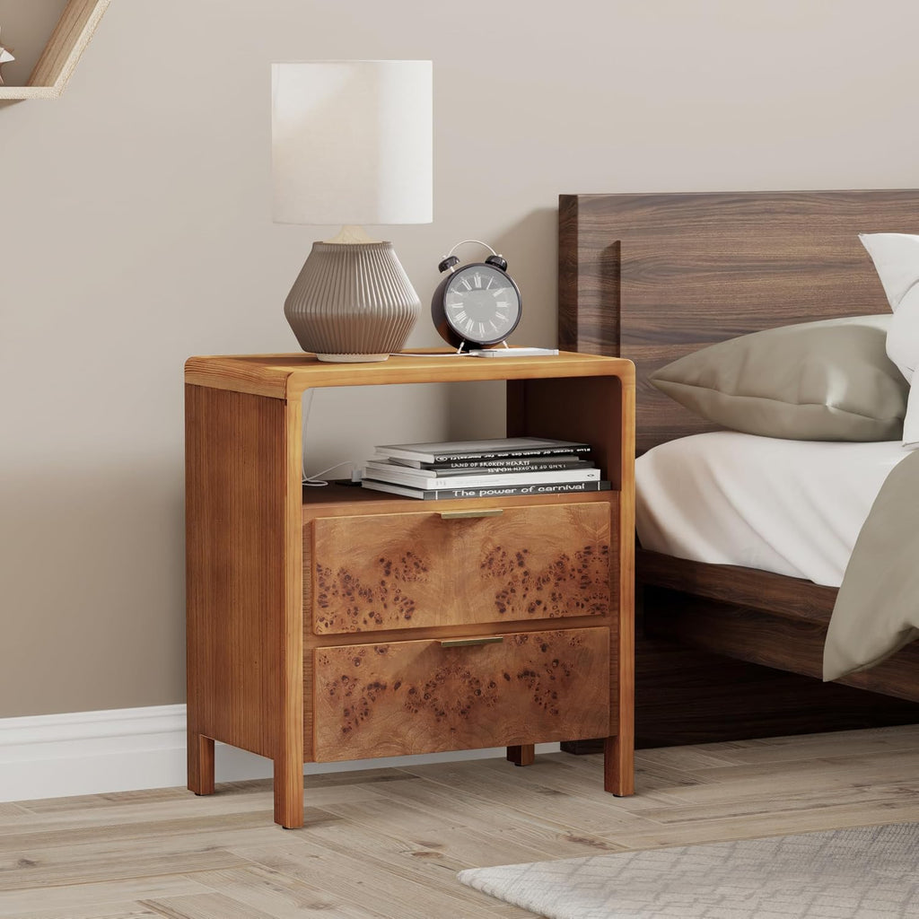COZAYH Farmhouse Nightstand with Charging Station, Wood Side Table with Power Outlet and USB & Type C Ports, Burl Finish Bedside Table for Bedroom, Fully Assembled, Rustic, Brown