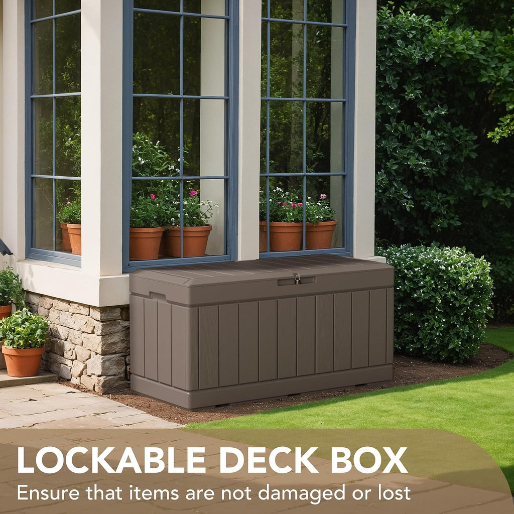Devoko 85 Gallon Deck Box Lockable Resin Outdoor Storage Box waterproof Outdoor Container for Patio Furniture Cushions, Pillow (Light Brown)