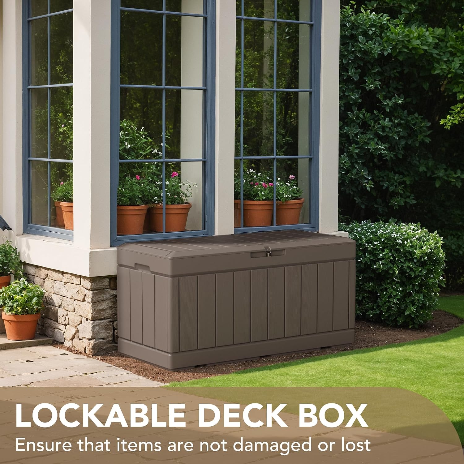 Devoko 85 Gallon Deck Box Lockable Resin Outdoor Storage Box waterproof Outdoor Container for Patio Furniture Cushions, Pillow (Light Brown)
