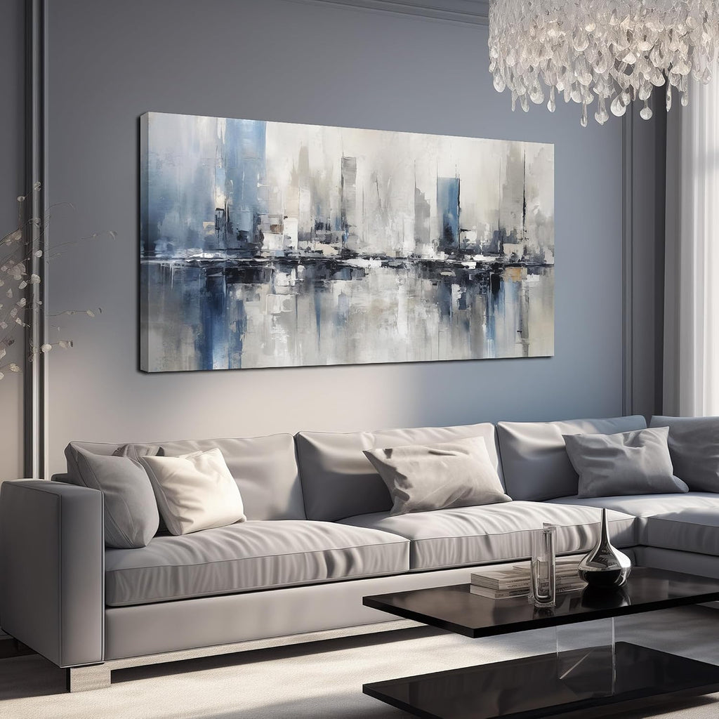 Blue Gray Abstract Cityscape Canvas Wall Art Decor Prints Large Canvas Wall Art for Living Room Modern Artwork Canvas Painting Wall Decor for Bedroom Home Office Wall Art Decor 29x58 inch