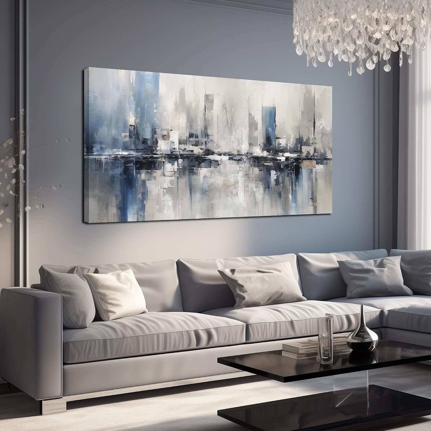 Blue Gray Abstract Cityscape Canvas Wall Art Decor Prints Large Canvas Wall Art for Living Room Modern Artwork Canvas Painting Wall Decor for Bedroom Home Office Wall Art Decor 29x58 inch