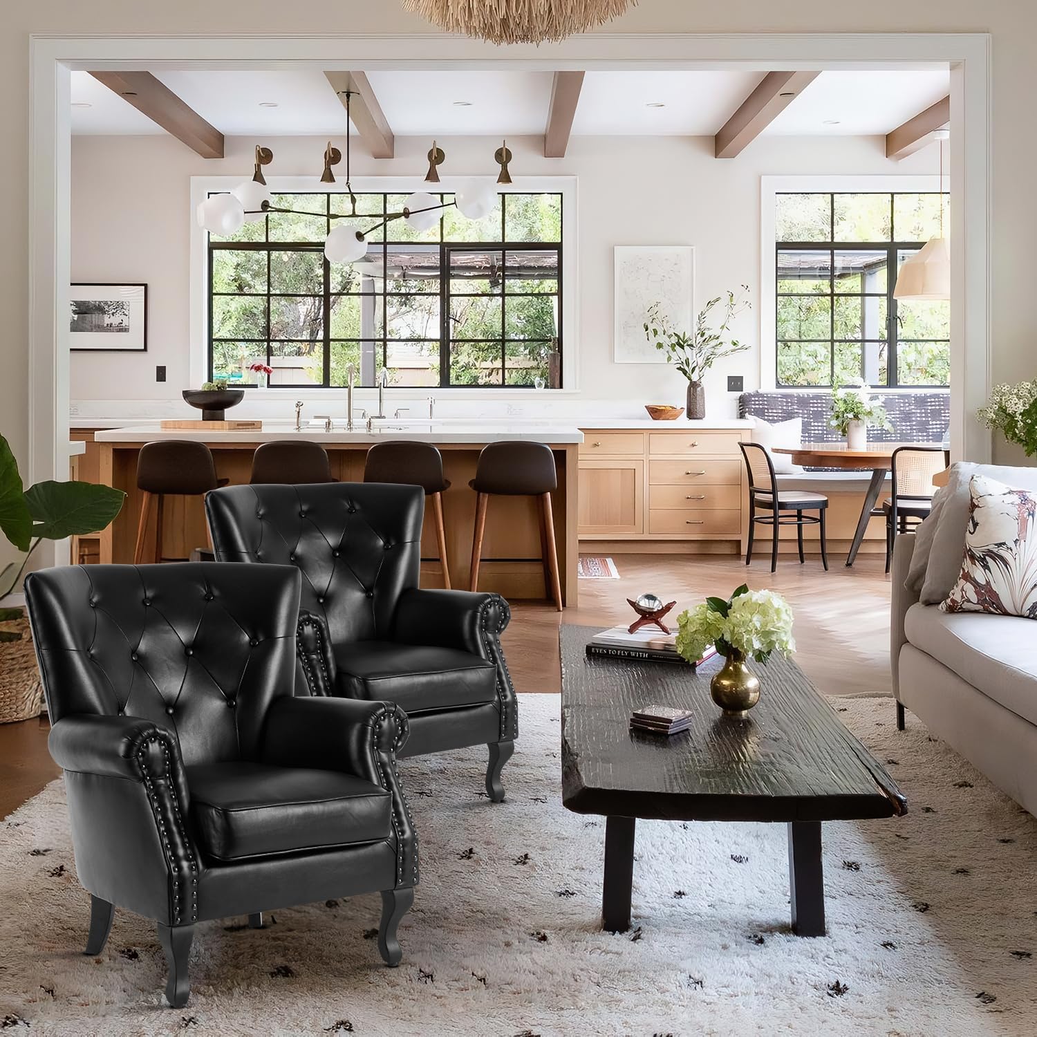 MOJAY PU Leather Accent Chair Set of 2, Modern Armchair Living Room Chair, Upholstered Club Chair with Rivet Trim, Mid-Century Sofa Chair with Sturdy Wood Legs for Bedroom (Black)
