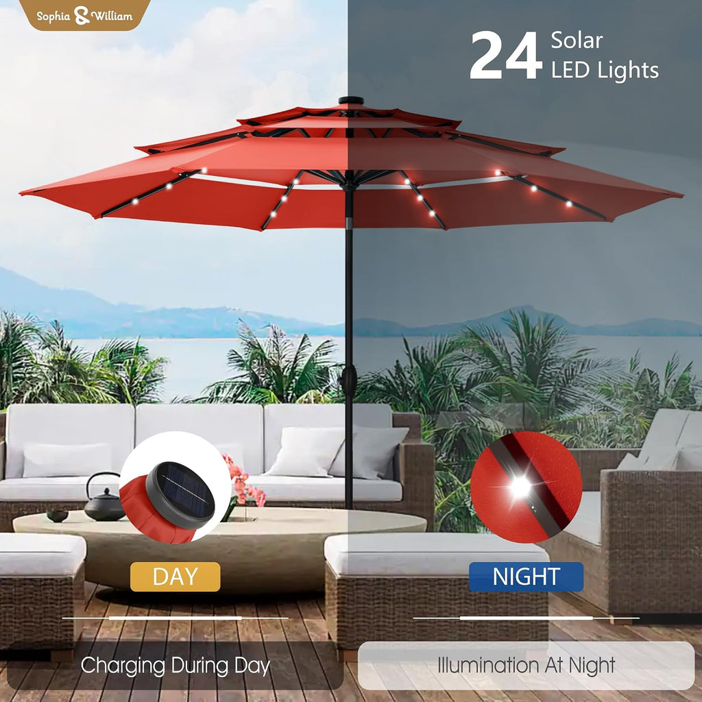 Sophia & William 10ft Patio Umbrellas 3-Tier Umbrella Outdoor Patio Umbrellas with Lights Vented Top 24 LED lights Adjustable Tilt for Pool Garden Backyard, Red
