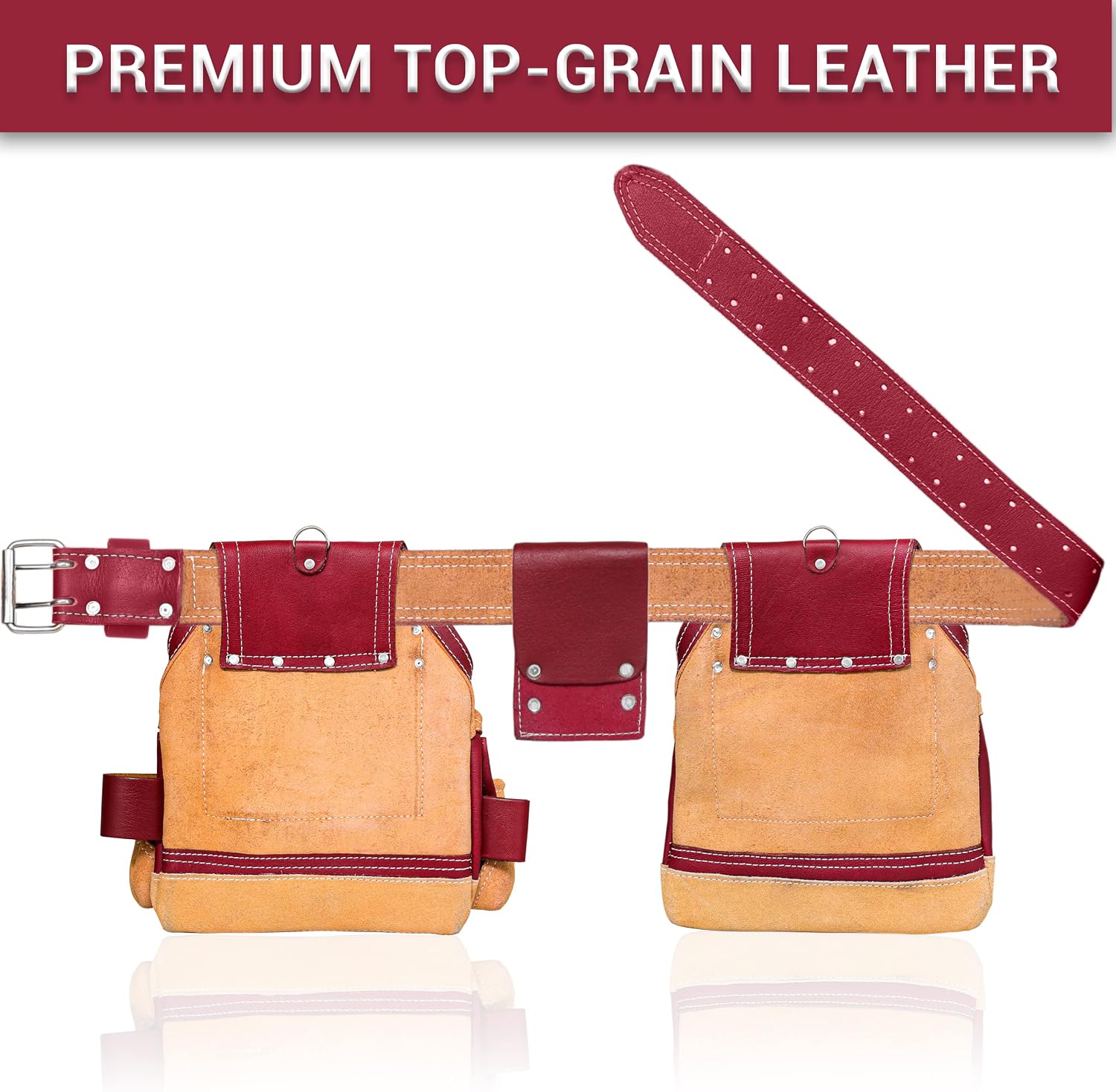 FUERI Leather Tool Belt for Men, 16 Pocket Pro Framing Combo Comes with Heavy Duty Tools Pouches, Triple Hammer holder, Adjustable Padded Belt, and 4 Suspender Loops for Electrician and carpenter's