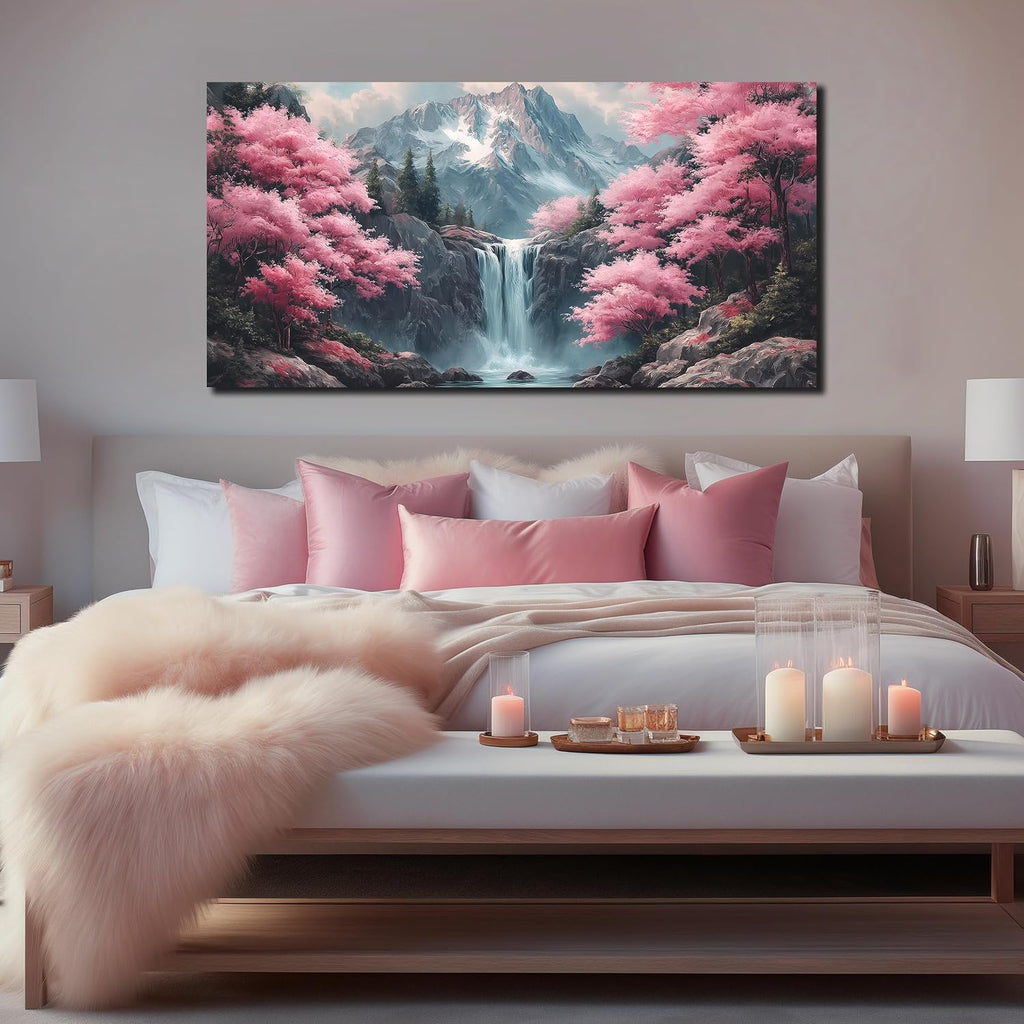 Natural Landscape Pictures for Living Room Mountain Waterfall Pink Tree Wall Decoration,Large Wall Art for Office Ready to Hang 29 x 58 Inch