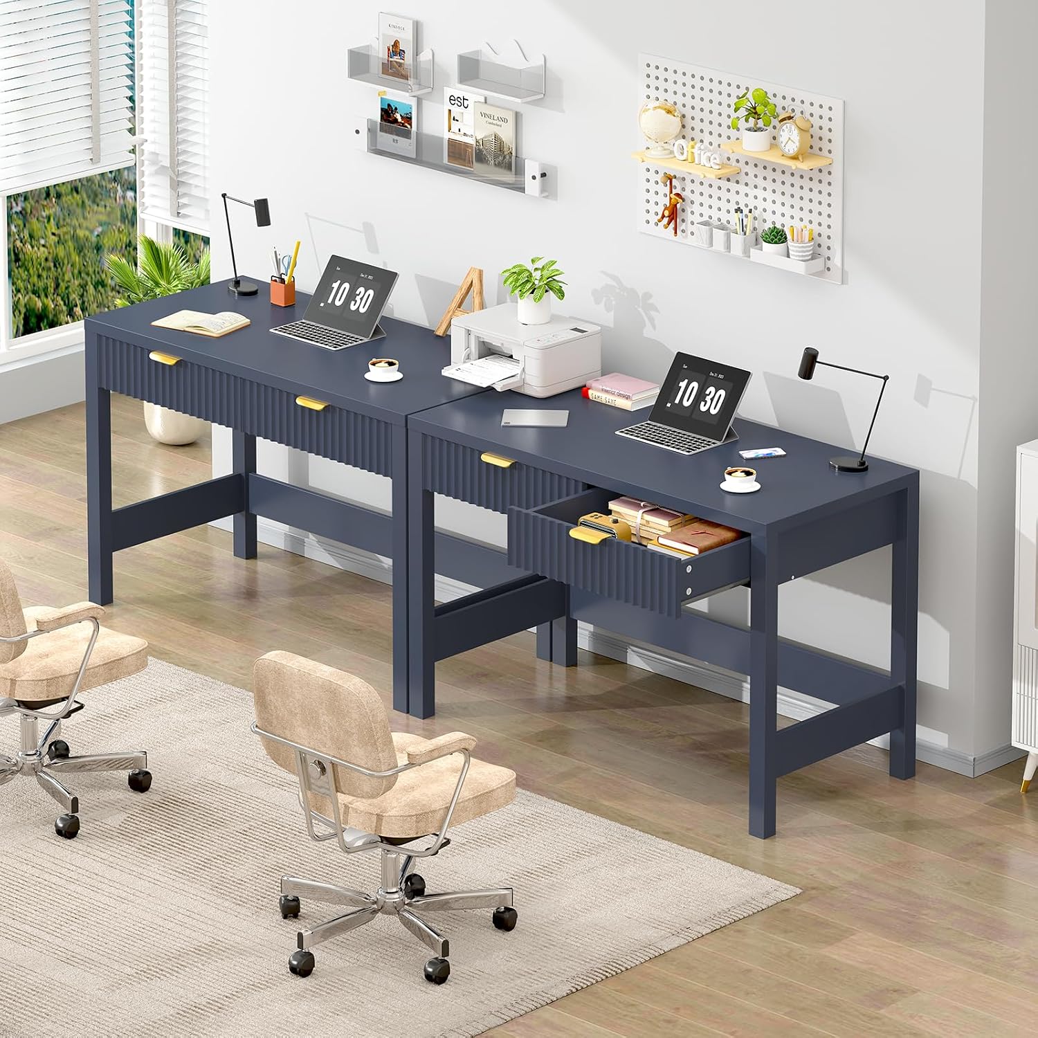 YOMILUVE Fluted Computer Desk with 2 Drawers, 39 Inch Small Computer Desk with Storage, Compact Writing Study Desk for Small Spaces, Blue