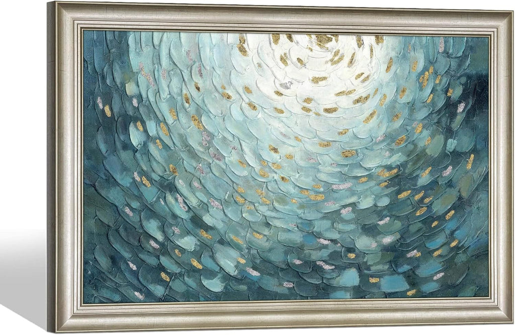 Framed Teal Abstract Canvas Art: Large Modern Hand Painted Textured Artwork Print Contemporary Turquoise Painting Picture with Gold Foil Wall Decor for Home Office Bedroom Living Room Decoration
